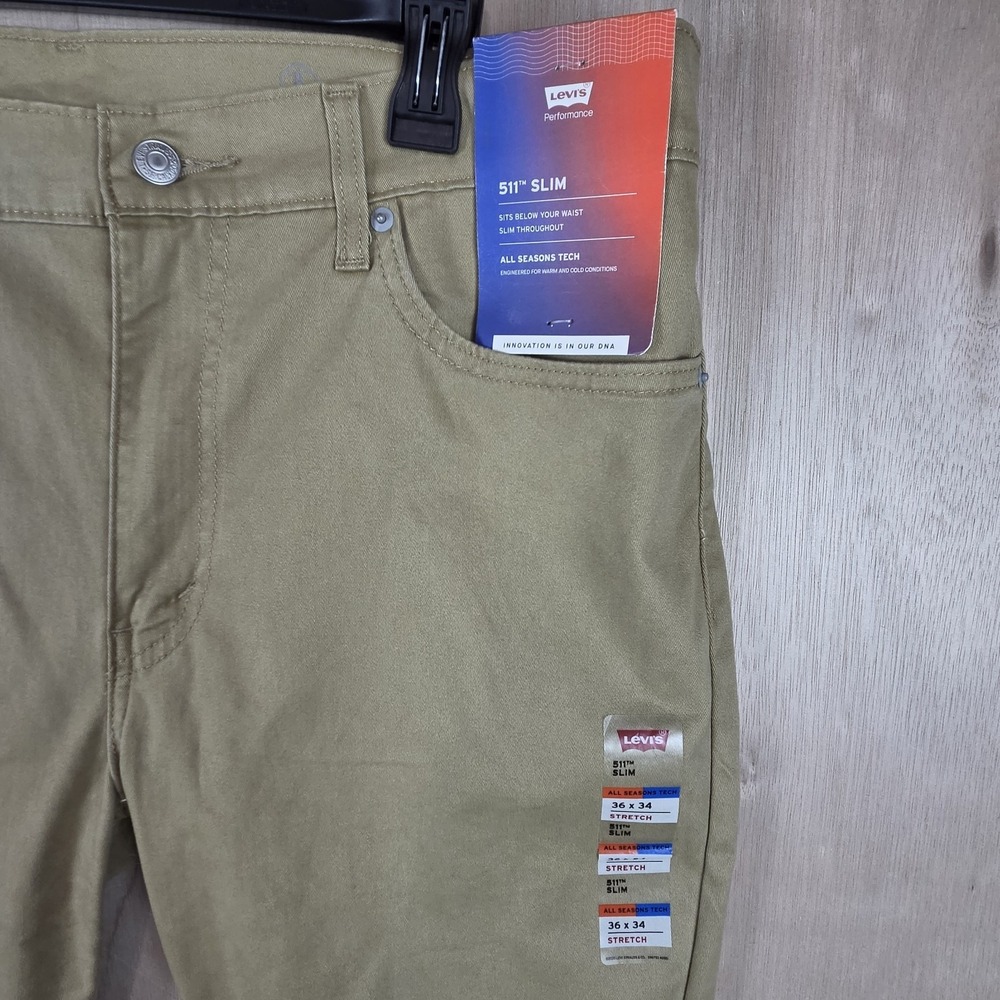 Levi's 511 Slim Performance Pants Khaki Tan 36x34 Stretch NWT MSRP $69.50